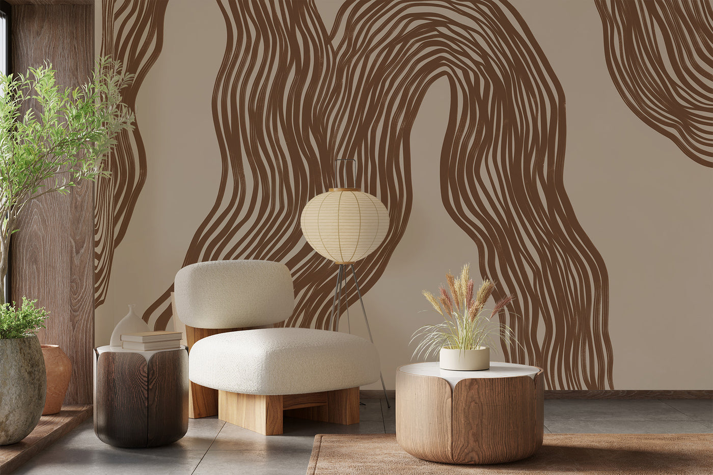 brown artistic wall mural on the wall of this living room. Wooden floor. White stool with wood. White riselamp