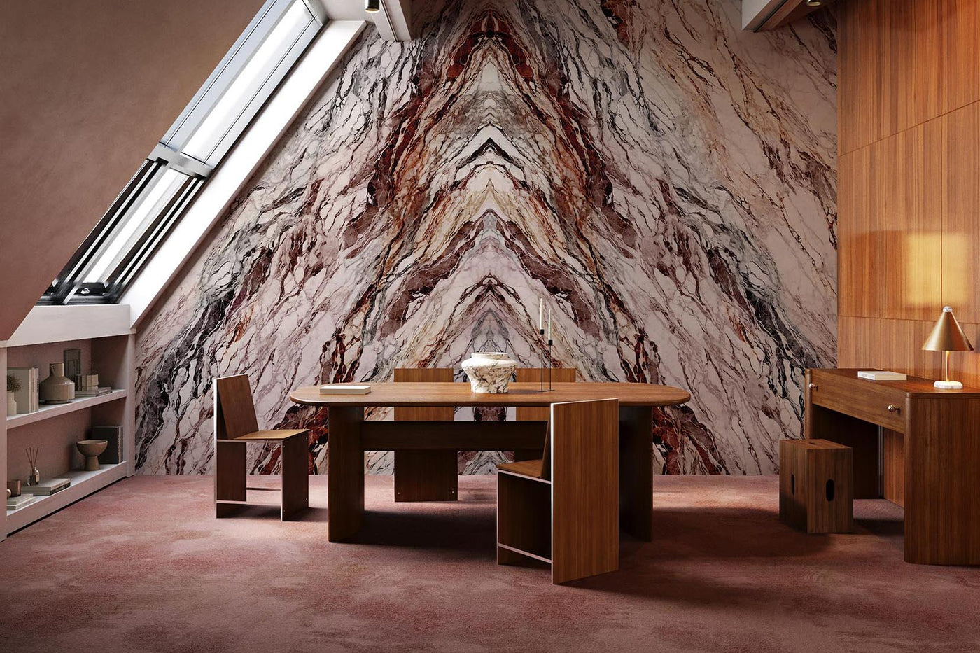 Mirrored marble wall mural design in marsala red on the wall of this contemproary living room with minimalistic wooden interior