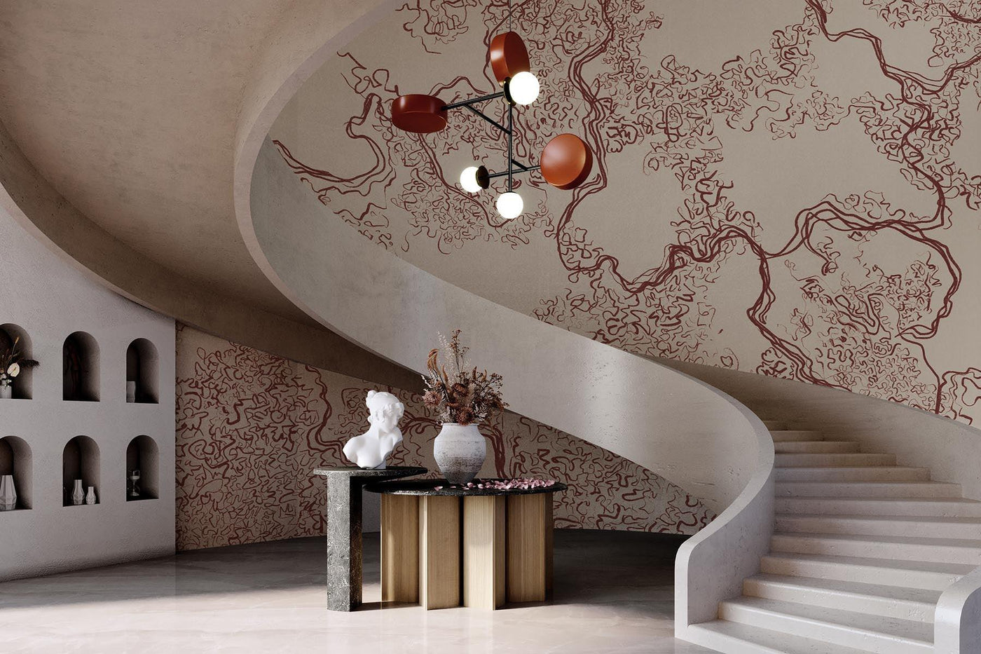 Artistic wall mural in burgundy on white on the wall of this staircase
