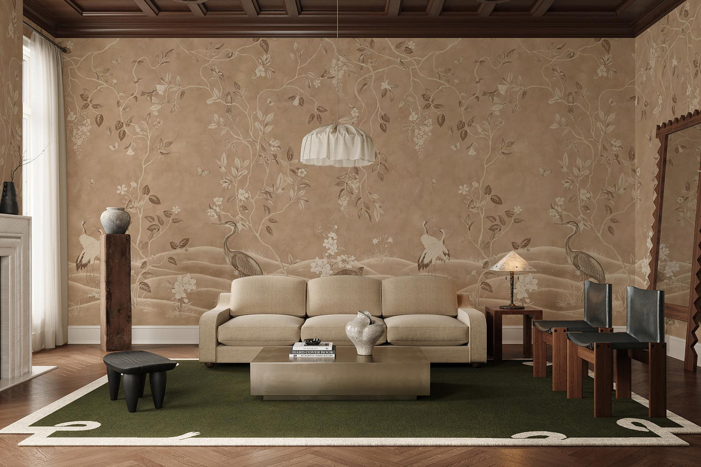 beige chinoiserie wall mural on the wall of this livingroom. Beige sofa. Green rugg, wooden chairs with black leather 