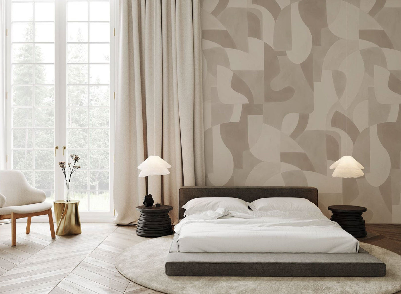 Begie geometric art wall mural on the wall of this contemporary bedroom. Wood bed, round beige carpet and bedside lamps