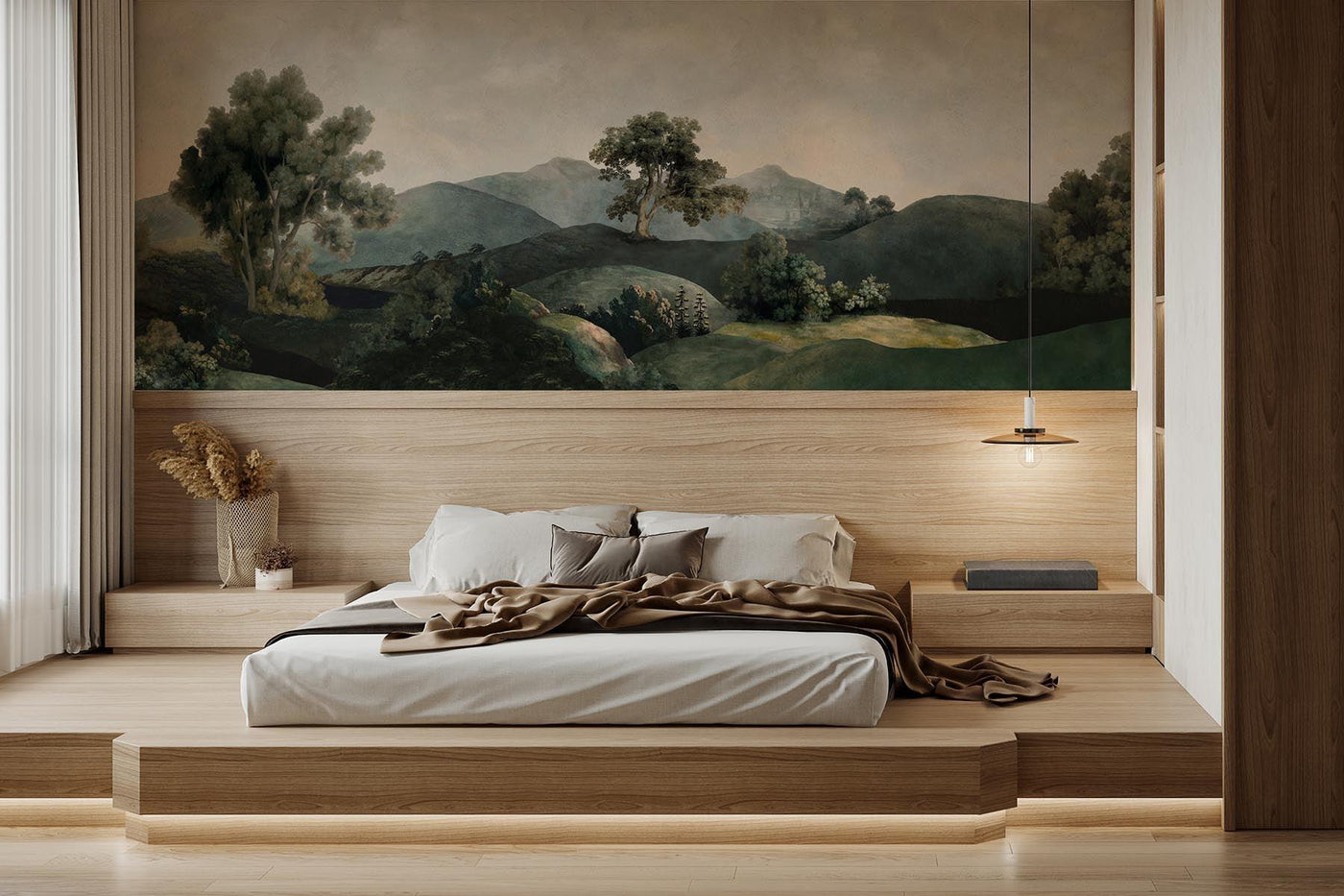 wood wallpaper on the back wall of this neutral bedroom. Beige linnen bedding and wood round bed side table 
