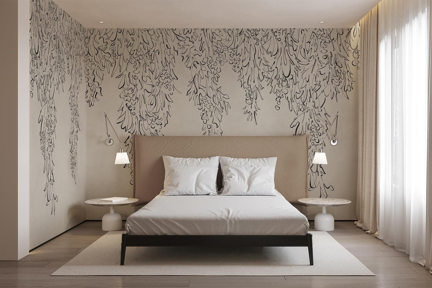 grapevine wall mural on the walls of this minimalistic and neutral bedroom. . Round light beige night stands with a small white lamp on it. Light beige rug on the light wooden floor. Simple white curtains