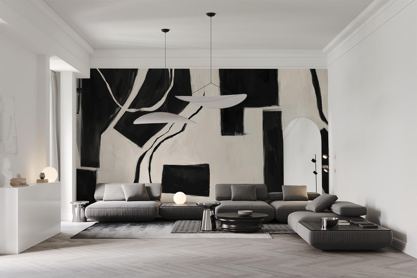 Svarta och vita väggväggmålningar för en modern interiör. Moderna tapeter i svartvitt för en modern interiör. Konstnärlig, grafisk eller väggkonst för en minimalistisk, maximalistisk eller någon djärv interiöruppdatering