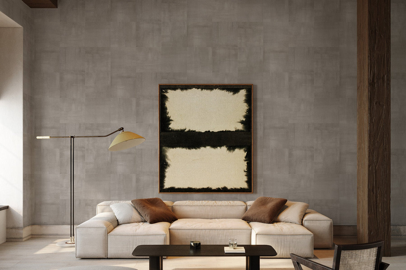 grey structured wall mural of tiles on the wall of this japandi inspired living room. White sofa, dark wood sofa table. Wooden stools with rattan and a abstract wall art