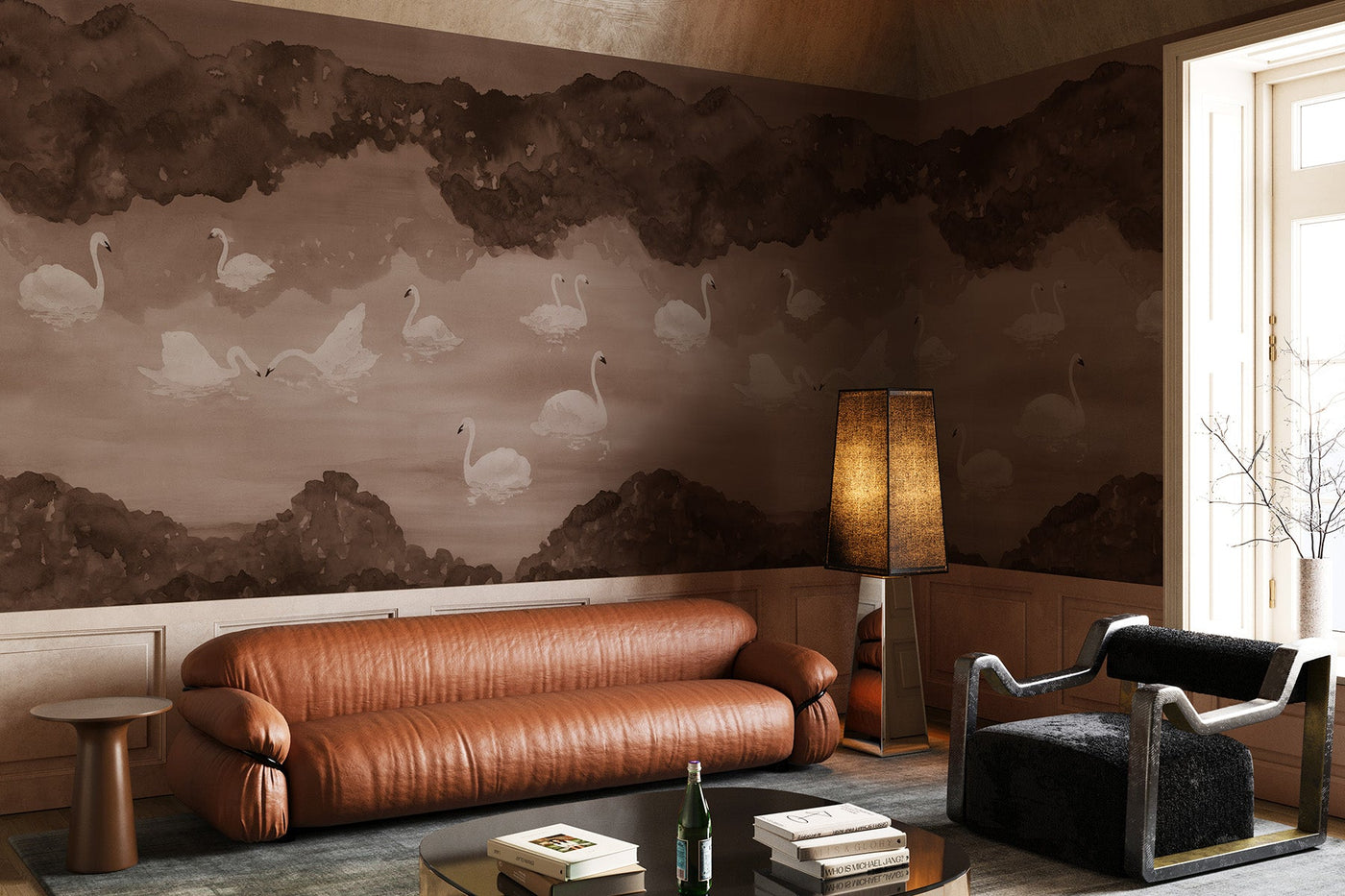 swan lake wall mural on the wall of this modern living room. Brown leather sofa a smal round table on the side with a modern black sofa chair