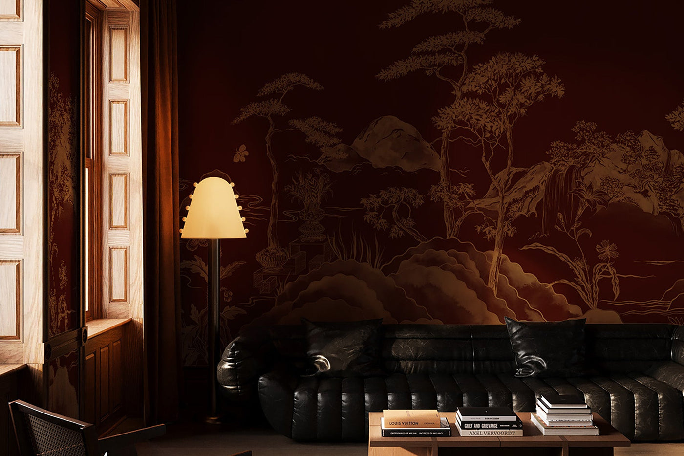 marsala red asian scenery wall mural in this living room with a black leather sofa