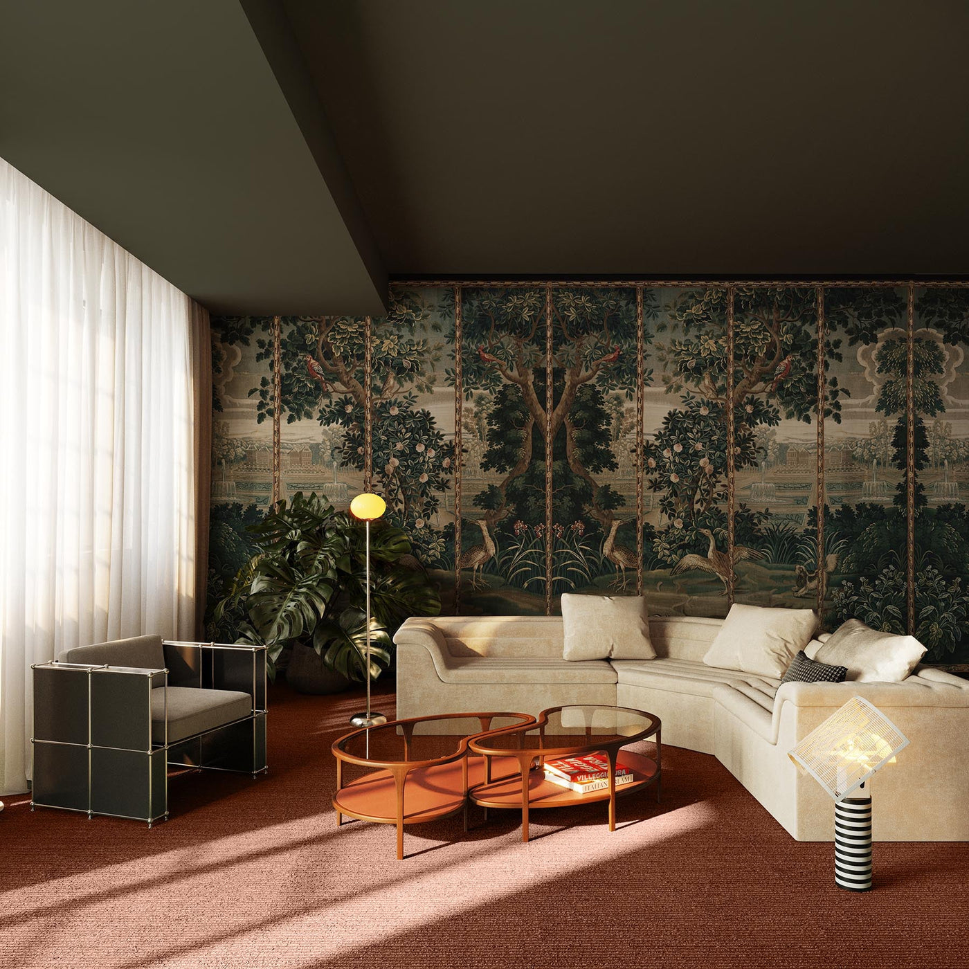 tapestry landscape wall mural on the wall s of this living room. Curved white sofa. small round wood table a usm chair in green