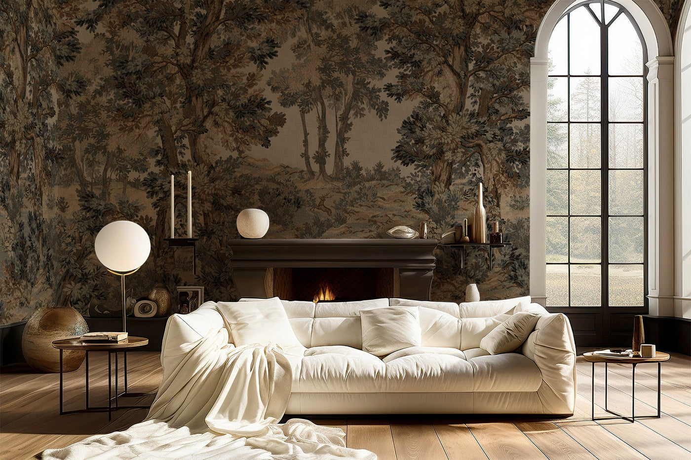 tapestry wall mural on the wall of this livign room. White sofa with white cushions and throw. Wooden floor and 2 smal side tables. A round Flow lamp and a dark wooden side bench 