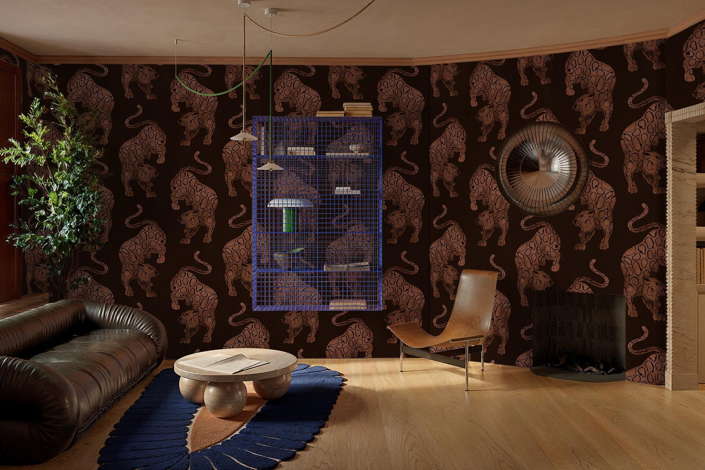 tigers in brown wall mural on the wall of thsi livingroom. wooden floor. brown leather sofa round small table on a blue rugg