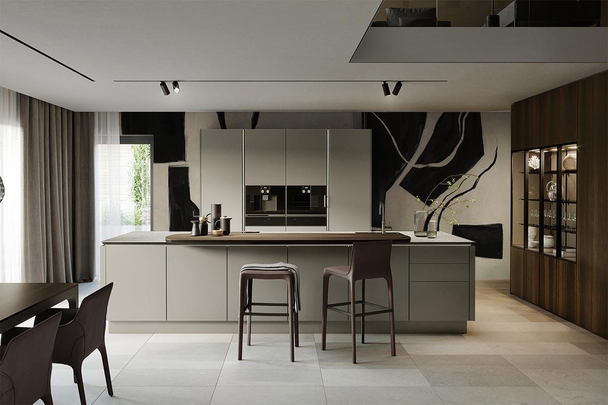 Black and white wall art in the background wall.Kitchen with modern design. Kitchen island. Wooden kitchen cabinetts. the flor i s a beige squared ceramic floor