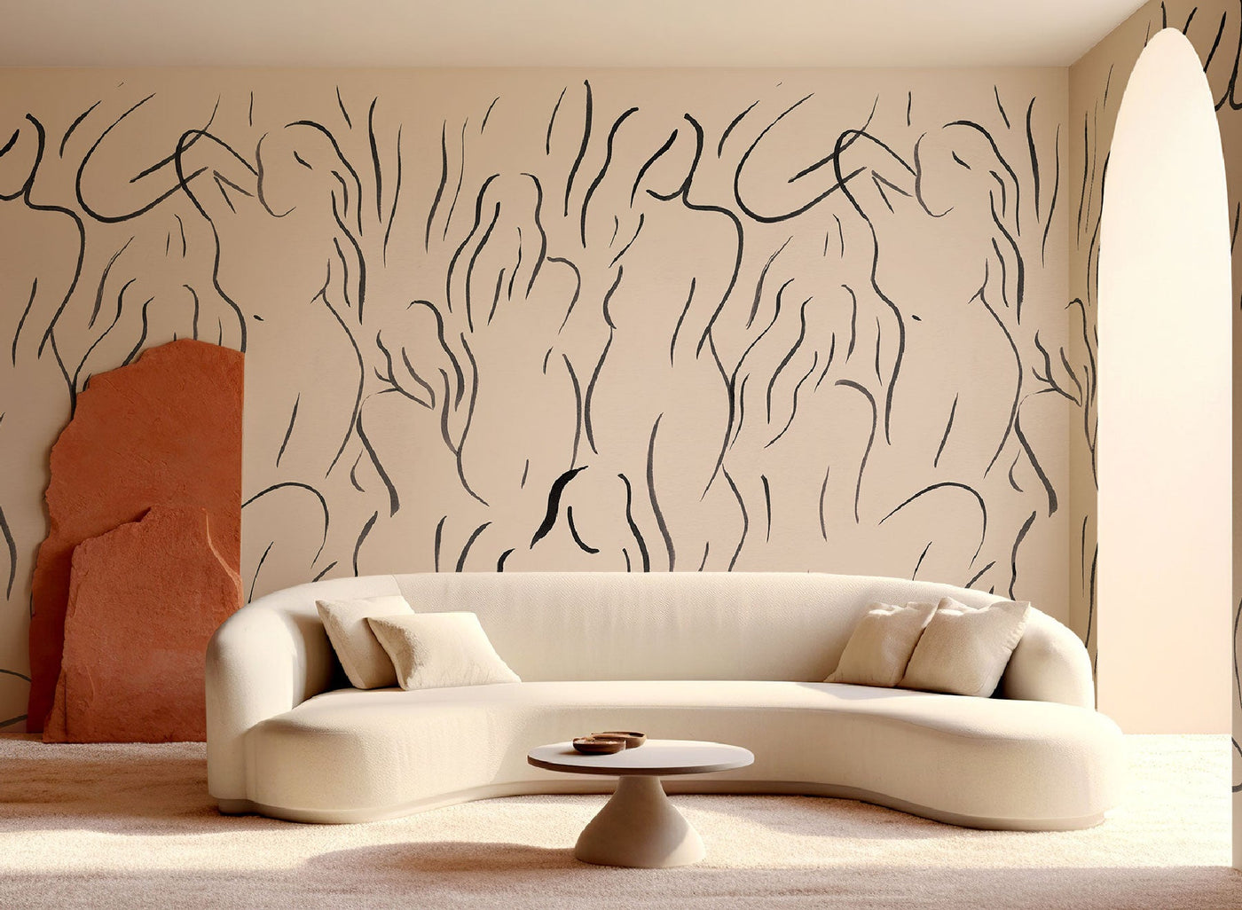 female figured hand-painted wall mural on the wall of this contemporary livingroom. White curved sofa and a beige round sofa table