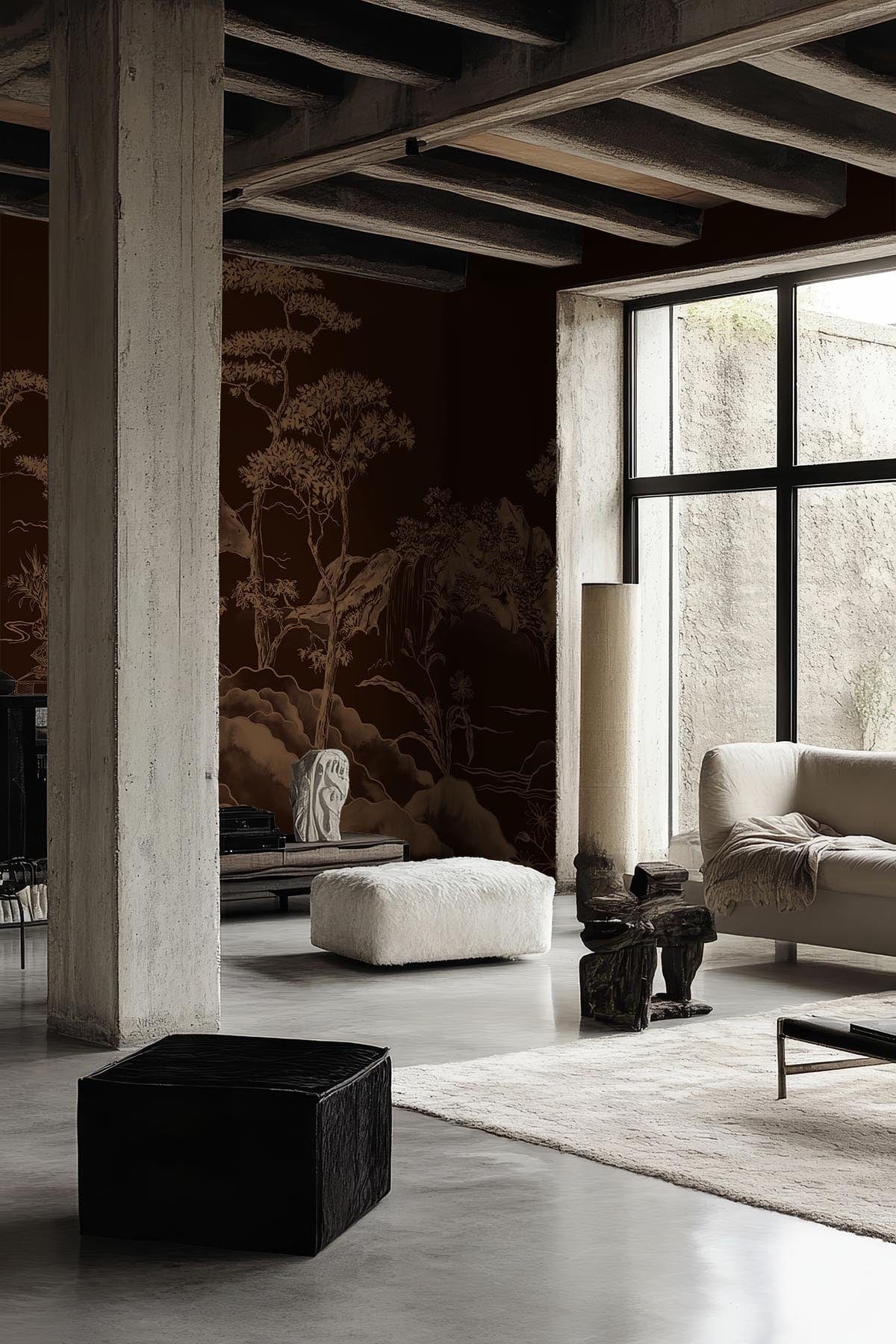 Asian Scenery Brown Wall Mural – Timeless Hand-Painted Landscape ...