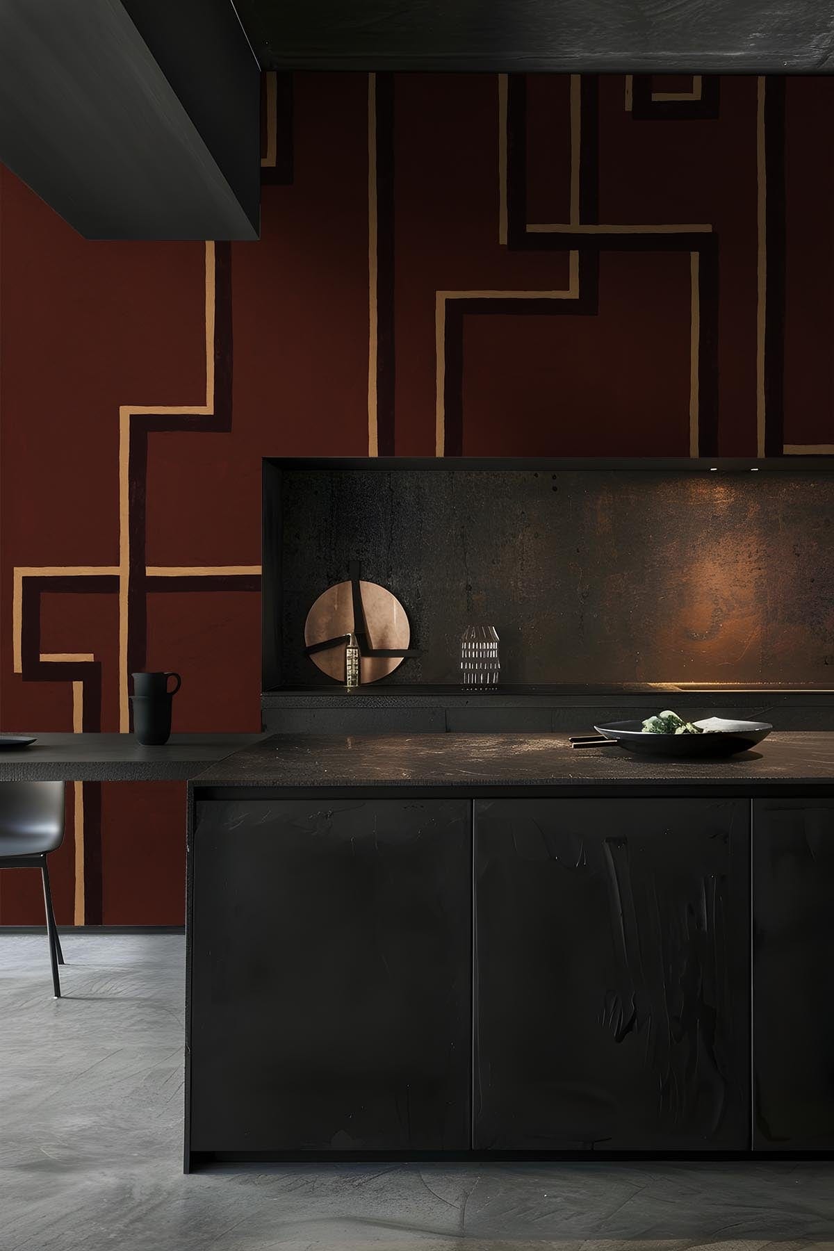 Shadow Lines Marsala Red Wall Mural – Bold Art Deco Elegance ...