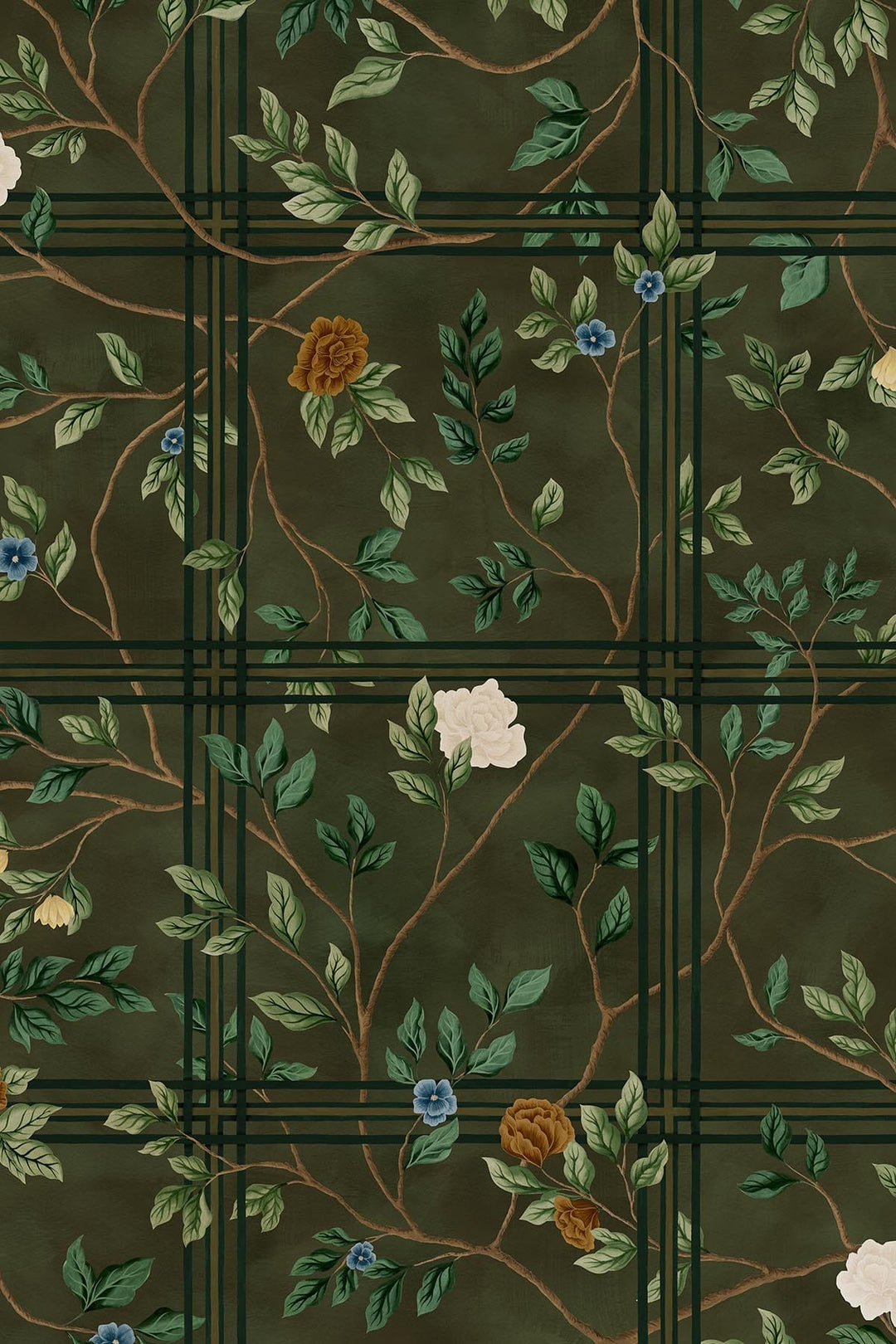 Chinoiserie Check Wall Mural in Dark Green – Botanical Mood