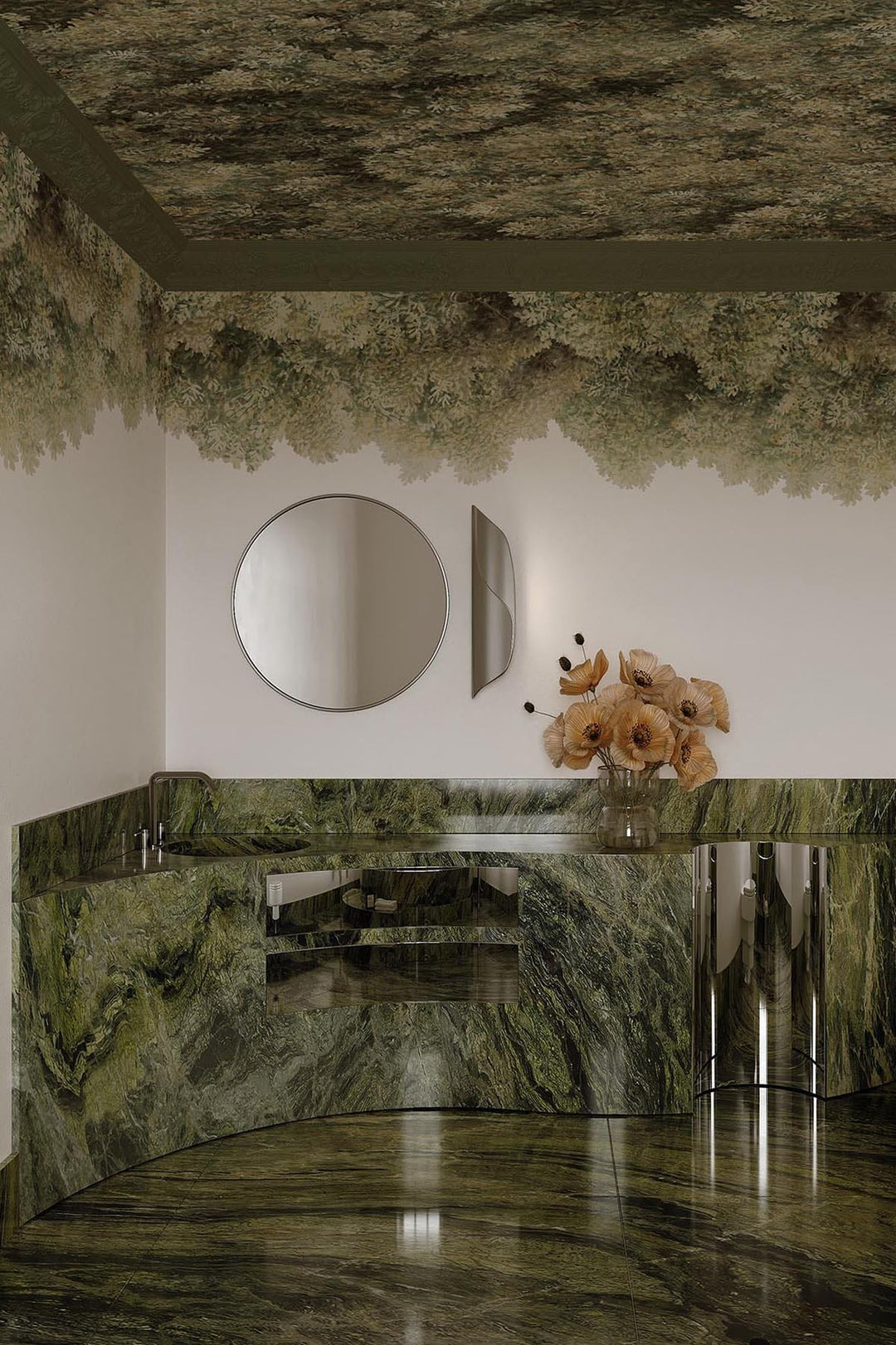 Wild Forest Olive Green – Biophilic Wall Mural with Treetops