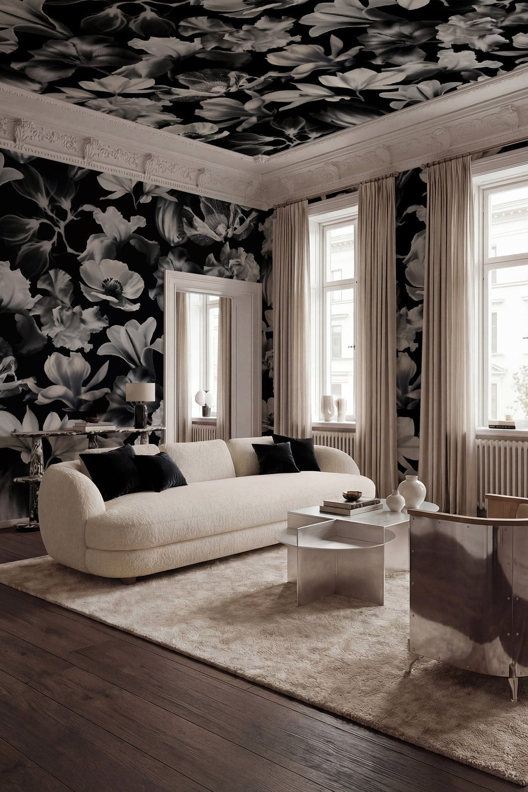 Photoflower White | Graphic Floral Wall Mural with Parisian Edge