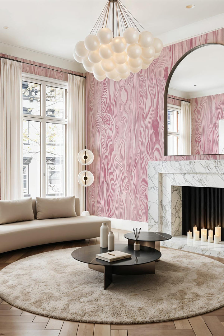 Sara Miller ピンクヘロンウォールアート Vibrant Veneer Pink – Elegant Wall Mural with Marbled Wood Texture
