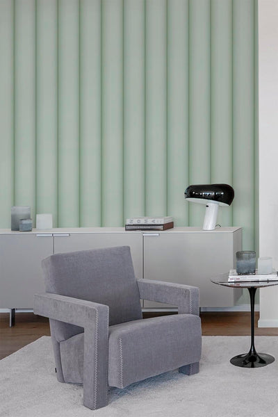 Soft green colored exclusive 3d dimensional wall panel wallpaper murals for an luxury living room idea or dining room idea update. This striped pastel green wall murals fits any mid century living room or post modern living room update.