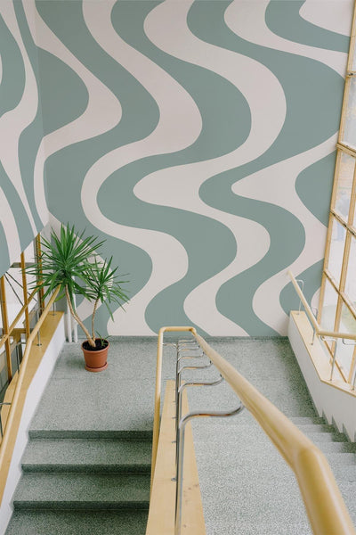 Green wallpaper, pastel green wallpaper, curved shaped pastell wall mural fits perfect for your Hallway update or public space refresh