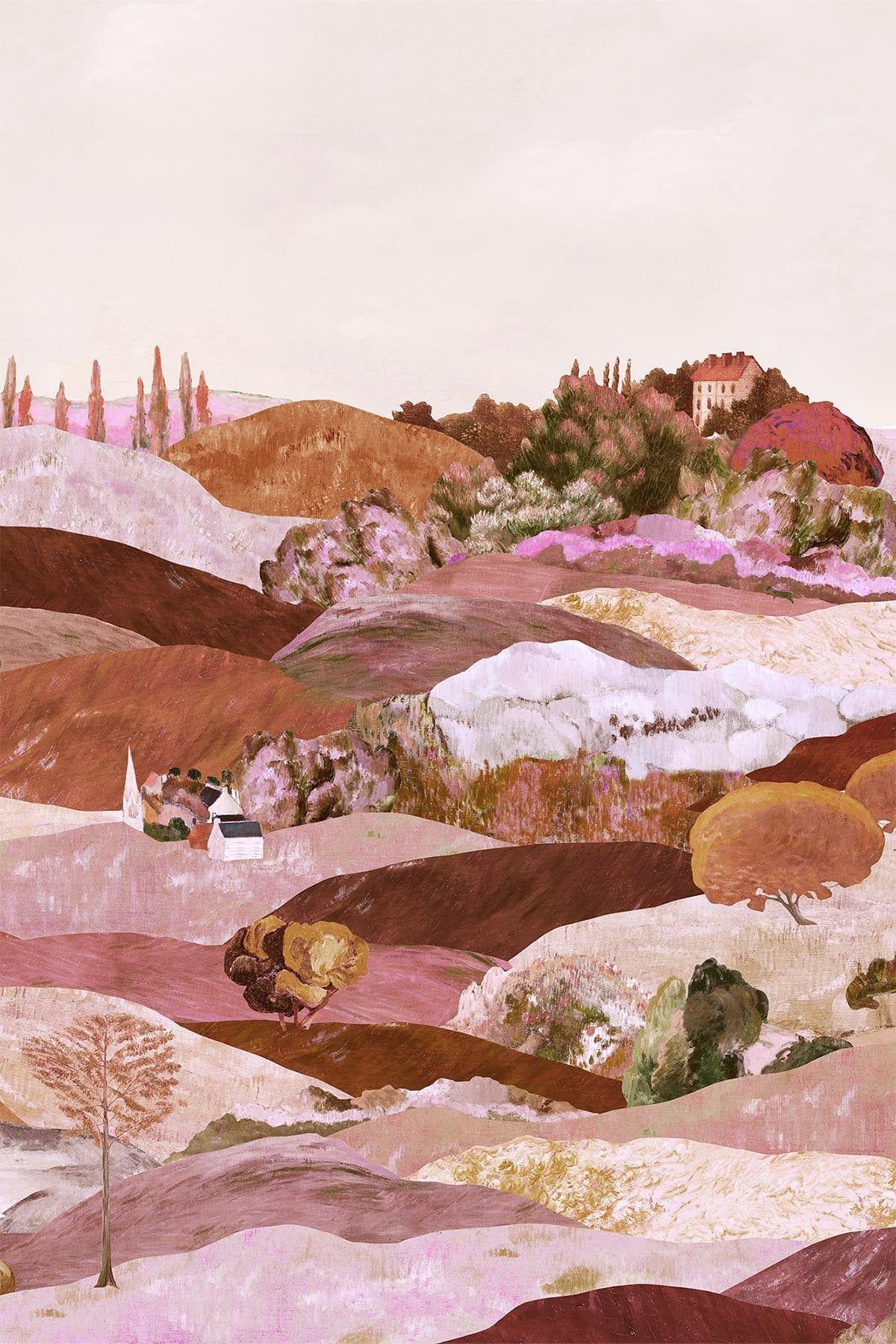 Pink Landscape wallpaper for your living room - belarteSTUDIO